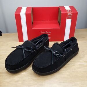 CLUB ROOM Mens Moccasin Slippers Size 6 - 7 Black Faux Suede Plush Lined Shoes